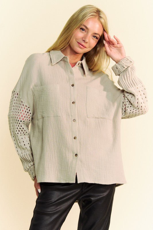 Davi & Dani - Crocheted Sleeves Crinkled Shirt in Khaki