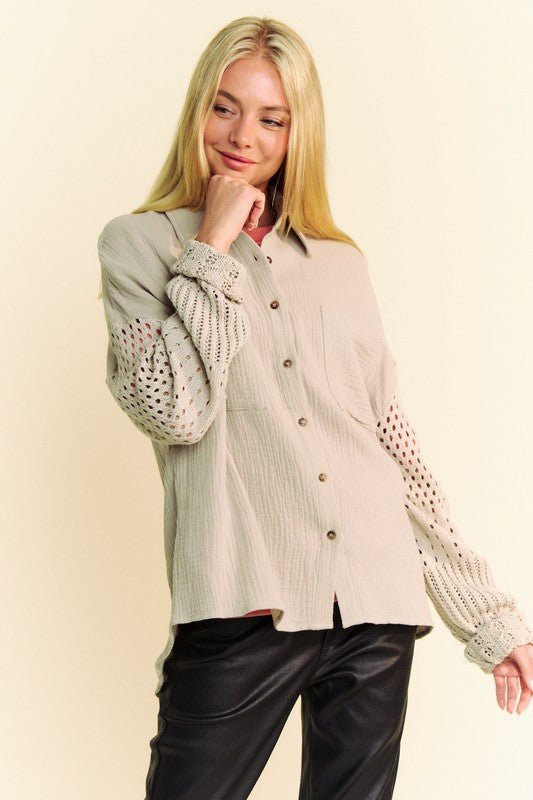 Davi & Dani - Crocheted Sleeves Crinkled Shirt in Khaki