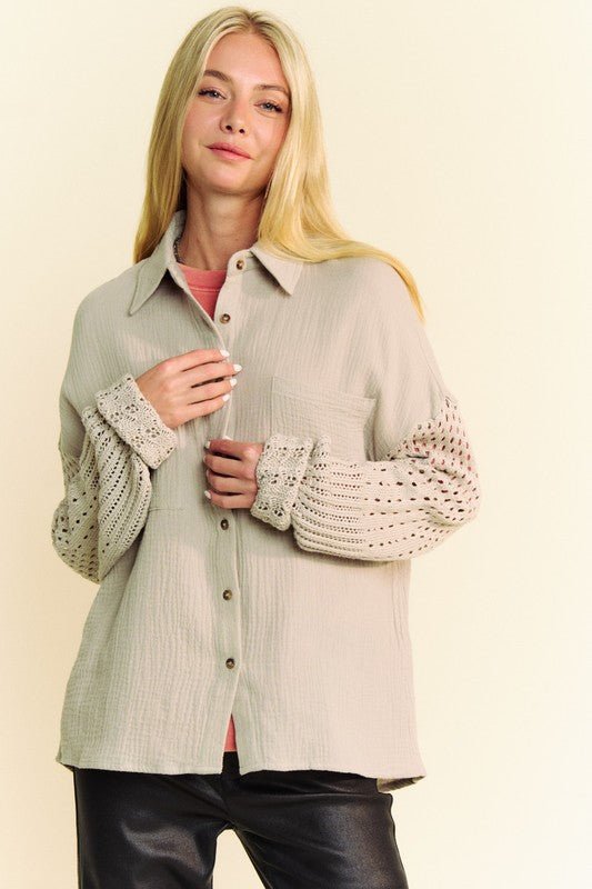 Davi & Dani - Crocheted Sleeves Crinkled Shirt in Khaki