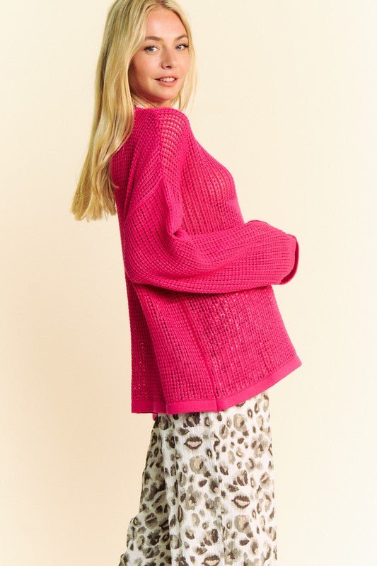 Davi & Dani - Crocheted Star Graphic Knit Top in Deep Rose