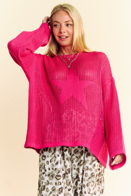 Davi & Dani - Crocheted Star Graphic Knit Top in Deep Rose