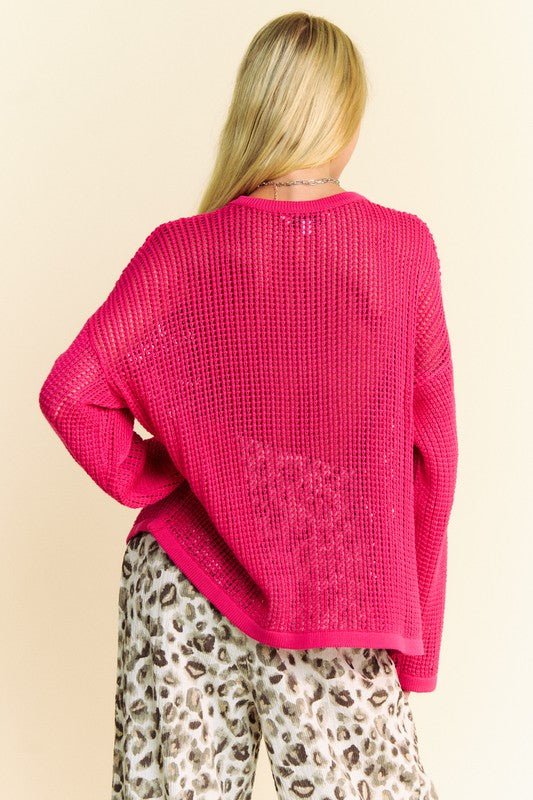 Davi & Dani - Crocheted Star Graphic Knit Top in Deep Rose