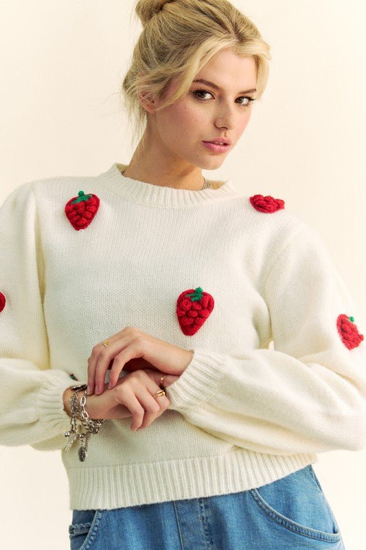 Davi & Dani - Crocheted Strawberries Sweater in Cream