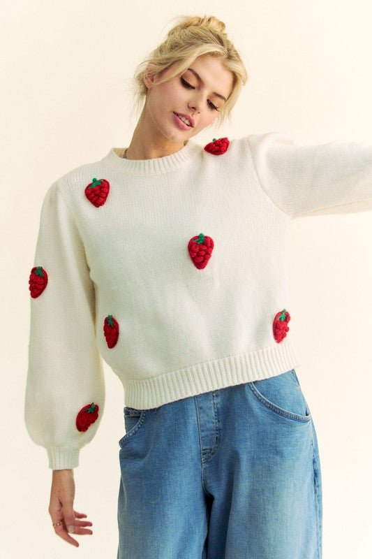 Davi & Dani - Crocheted Strawberries Sweater in Cream