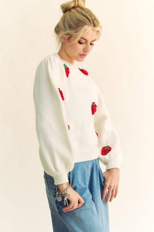 Davi & Dani - Crocheted Strawberries Sweater in Cream