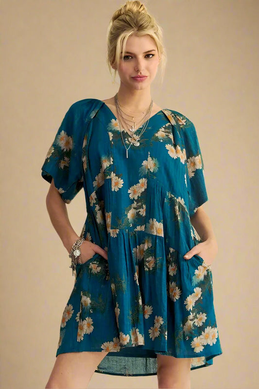 Davi & Dani - Daisy Print Babydoll Mini Dress – Teal Blossom