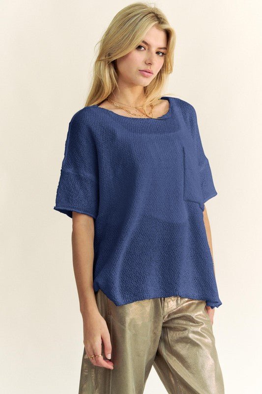 Davi & Dani - Dark Blue Half Sleeve Knit Tunic Top