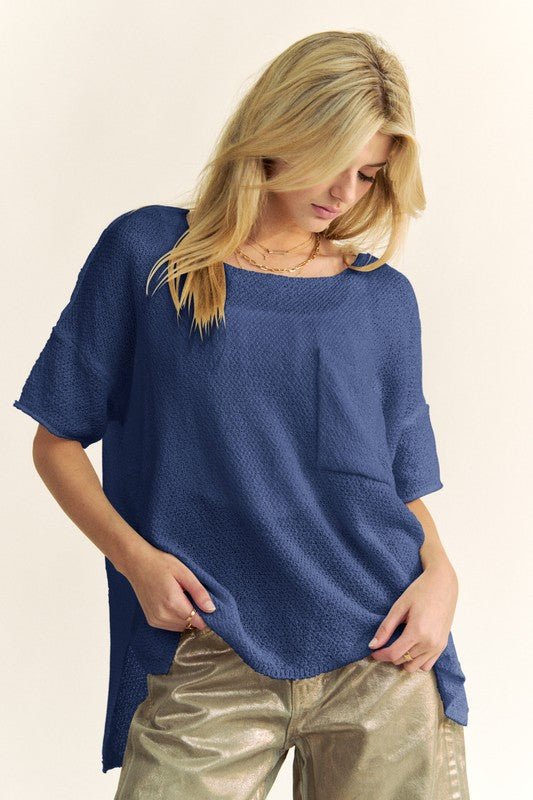 Davi & Dani - Dark Blue Half Sleeve Knit Tunic Top