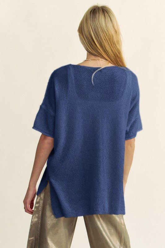 Davi & Dani - Dark Blue Half Sleeve Knit Tunic Top