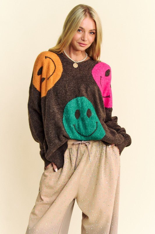 Davi & Dani - Dark Brown Smiley Face Oversized Sweater