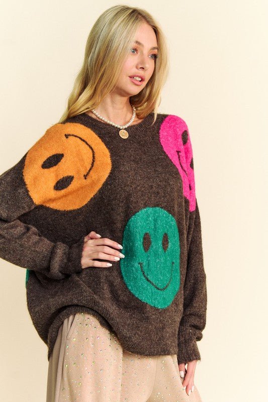 Davi & Dani - Dark Brown Smiley Face Oversized Sweater