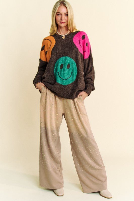 Davi & Dani - Dark Brown Smiley Face Oversized Sweater