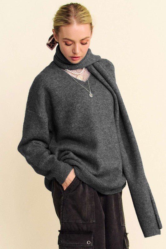 Davi & Dani - Dark Gray V - Neck Relax Fit Sweater with Scarf