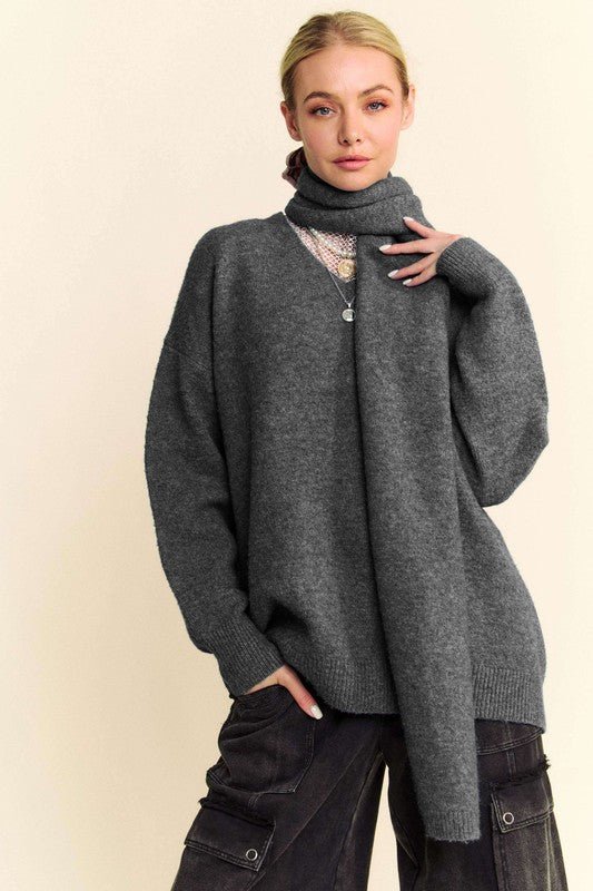 Davi & Dani - Dark Gray V - Neck Relax Fit Sweater with Scarf