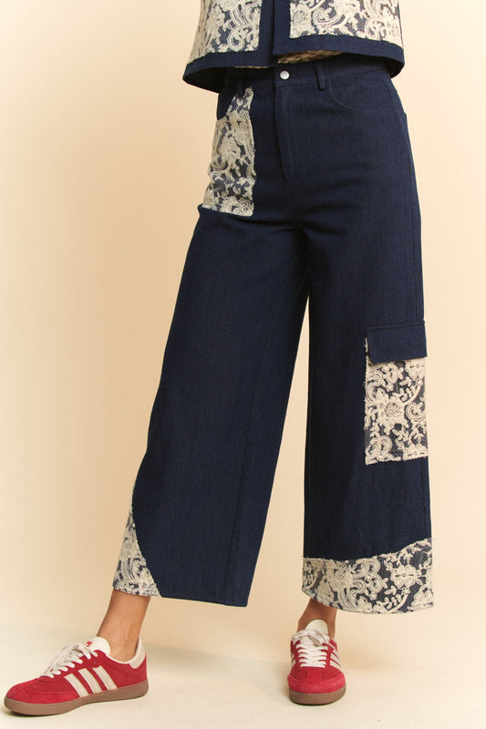 Davi & Dani - Dark Wash Lace Detail Cropped Wide Leg Jeans