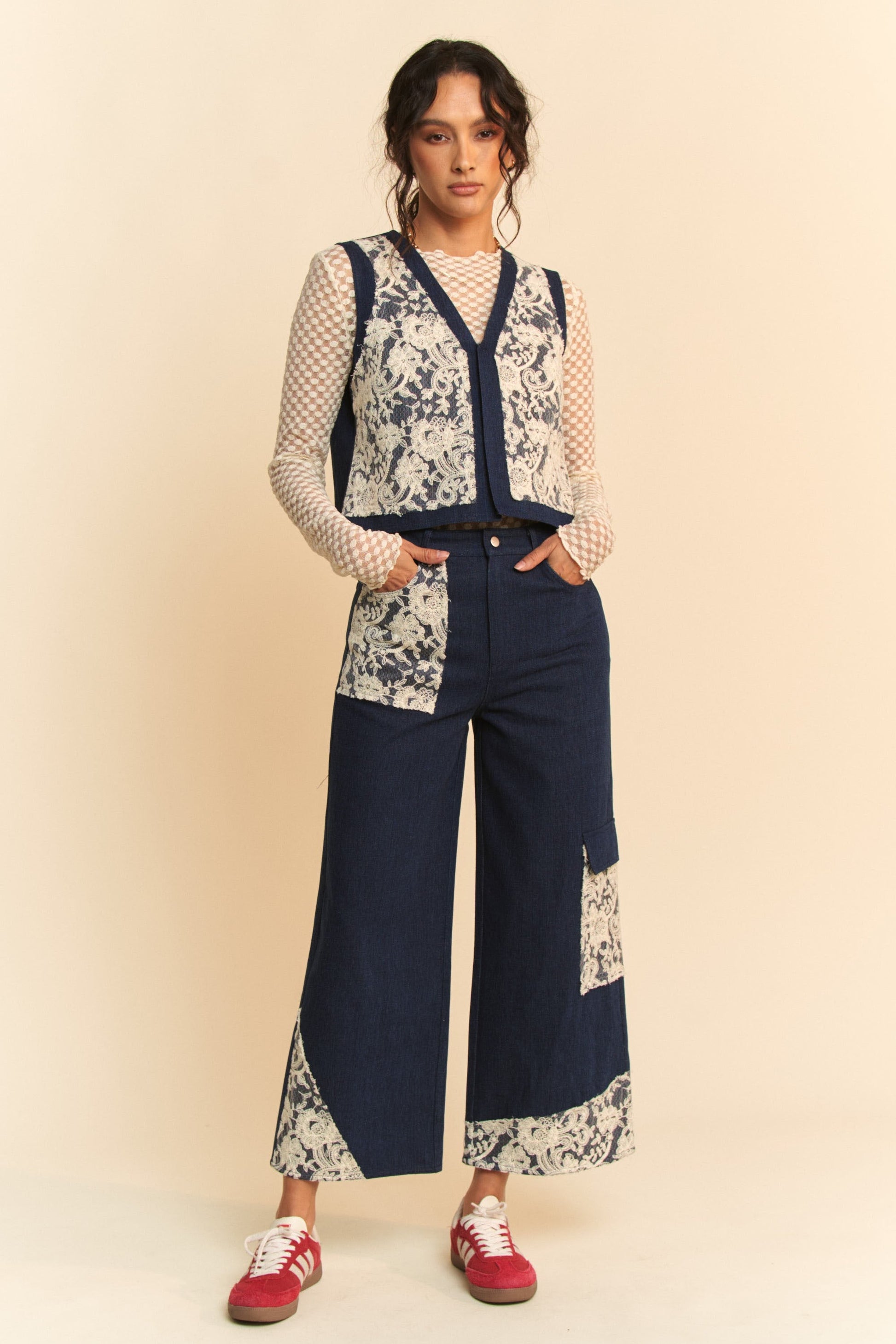 Davi & Dani - Dark Wash Lace Detail Cropped Wide Leg Jeans