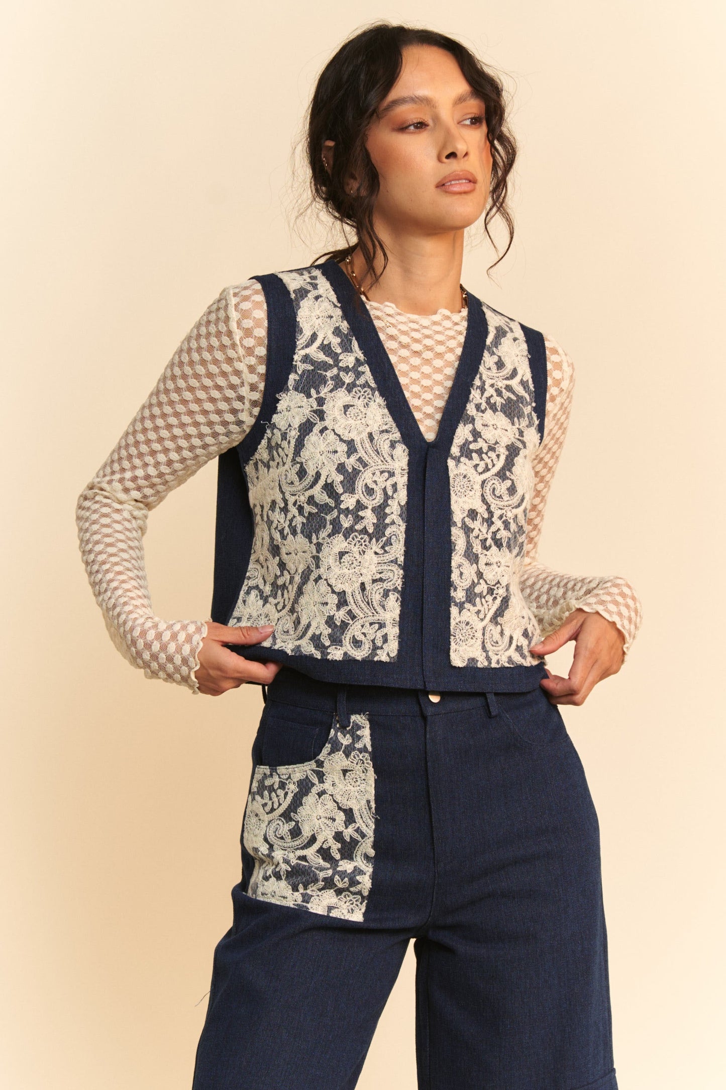 Davi & Dani - Dark Wash Lace Detail Open Front Denim Vest