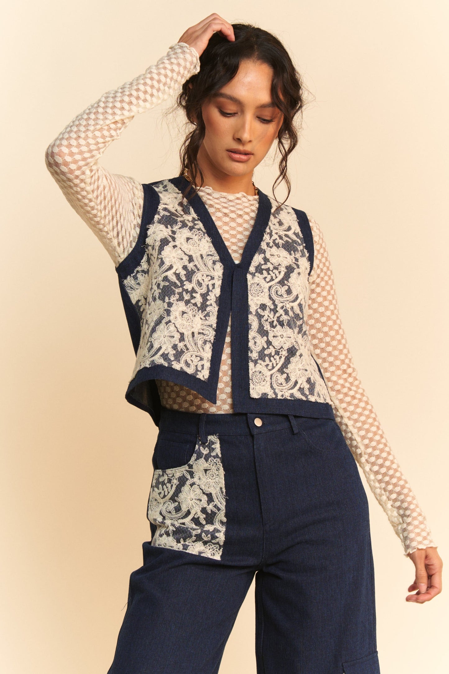 Davi & Dani - Dark Wash Lace Detail Open Front Denim Vest