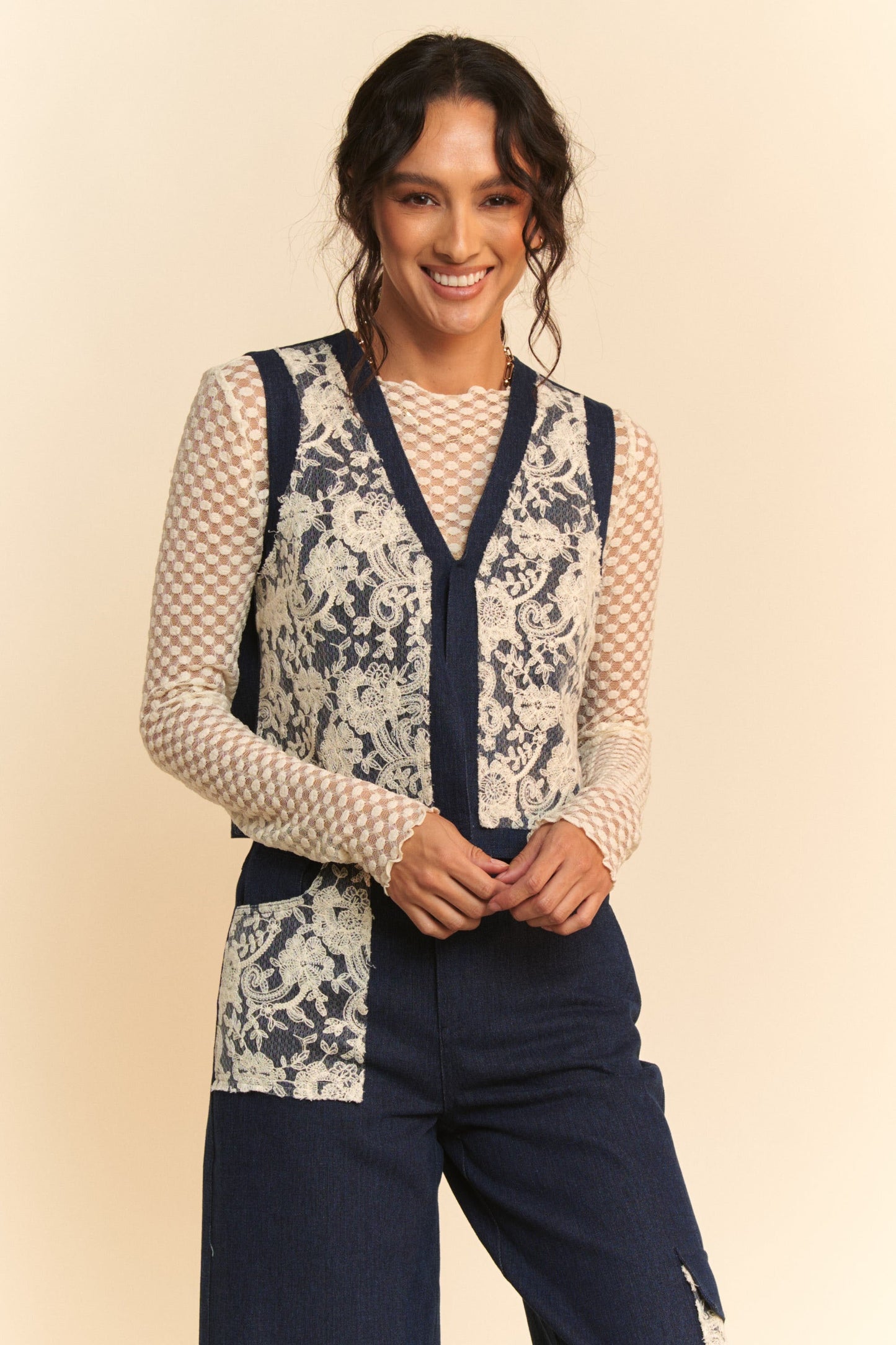 Davi & Dani - Dark Wash Lace Detail Open Front Denim Vest