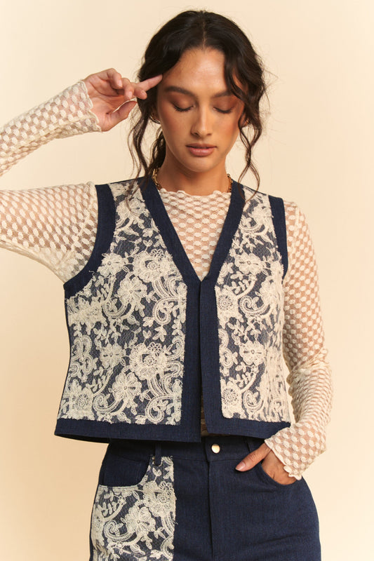 Davi & Dani - Dark Wash Lace Detail Open Front Denim Vest