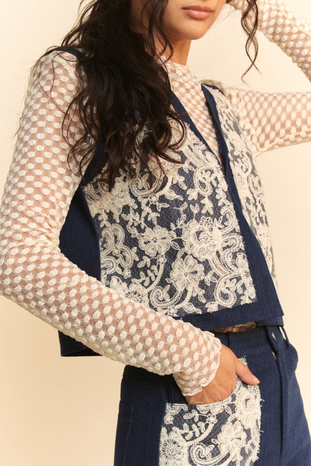 Davi & Dani - Dark Wash Lace Detail Open Front Denim Vest