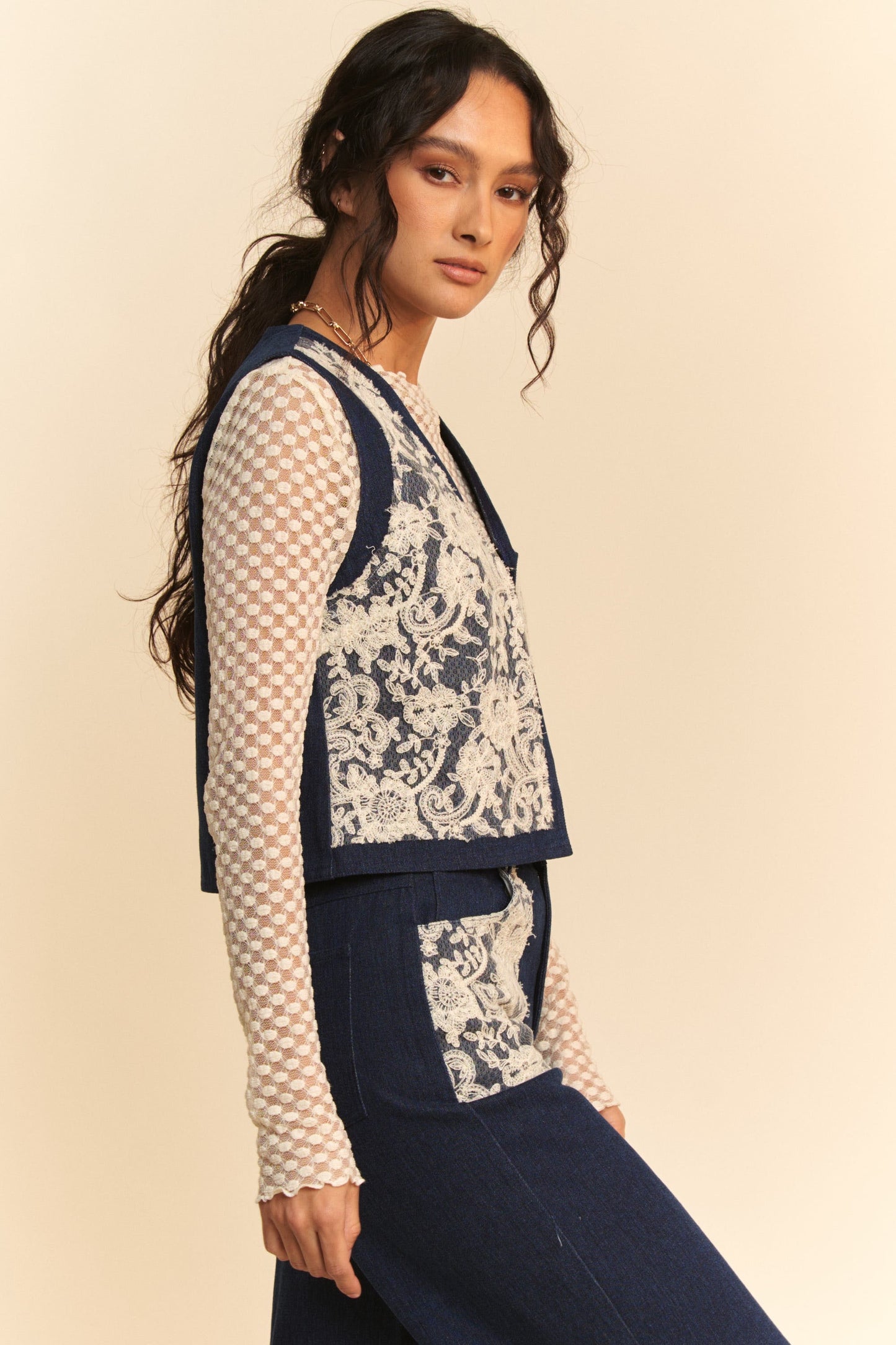 Davi & Dani - Dark Wash Lace Detail Open Front Denim Vest