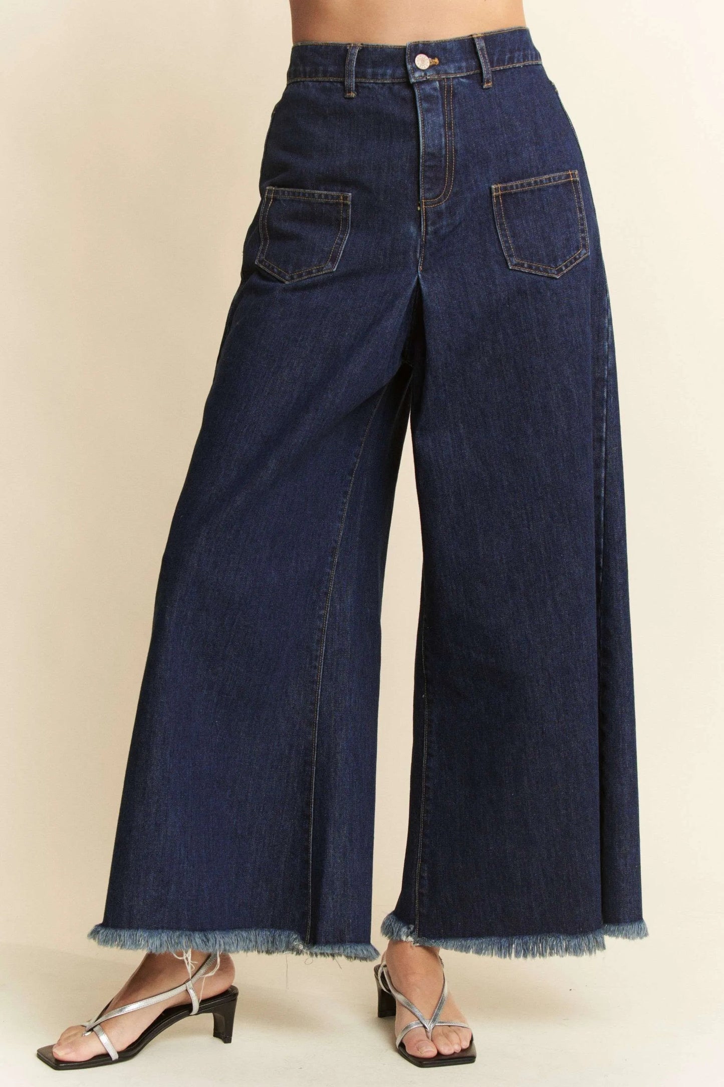 Davi & Dani - Dark Wash Wide Leg Jeans with Patch Pockets and Frayed Hem