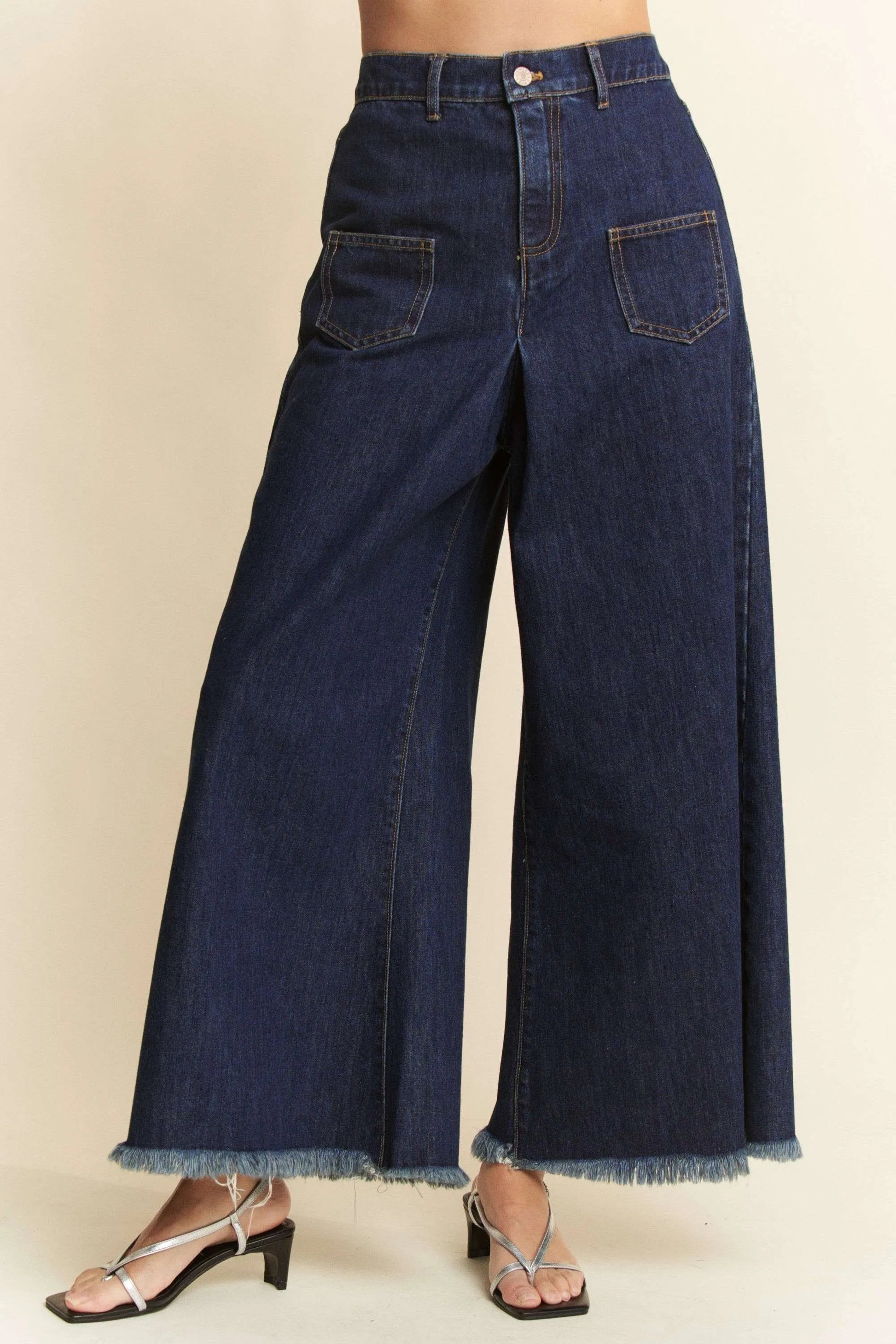 Davi & Dani - Dark Wash Wide Leg Jeans with Patch Pockets and Frayed Hem