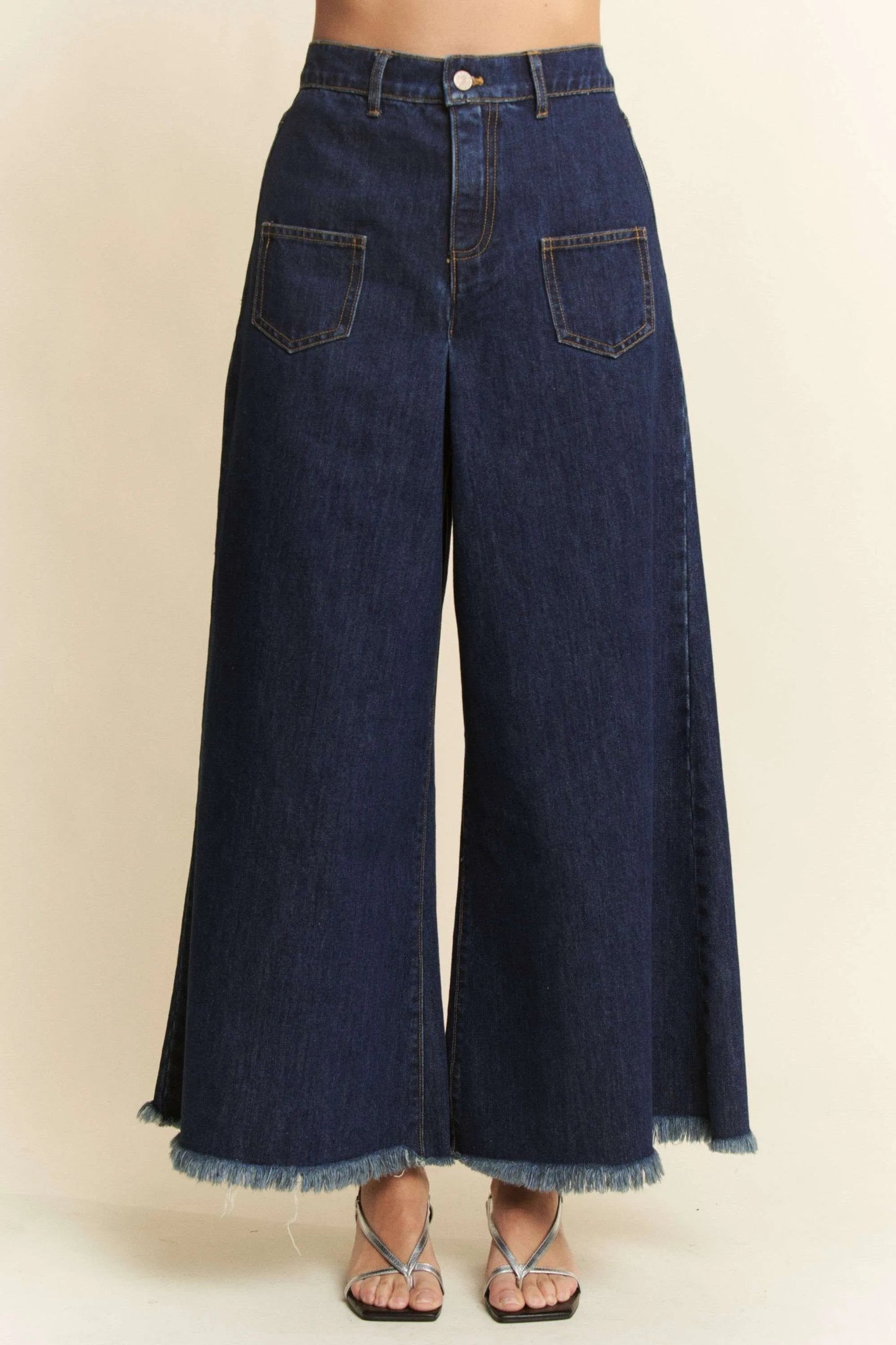Davi & Dani - Dark Wash Wide Leg Jeans with Patch Pockets and Frayed Hem