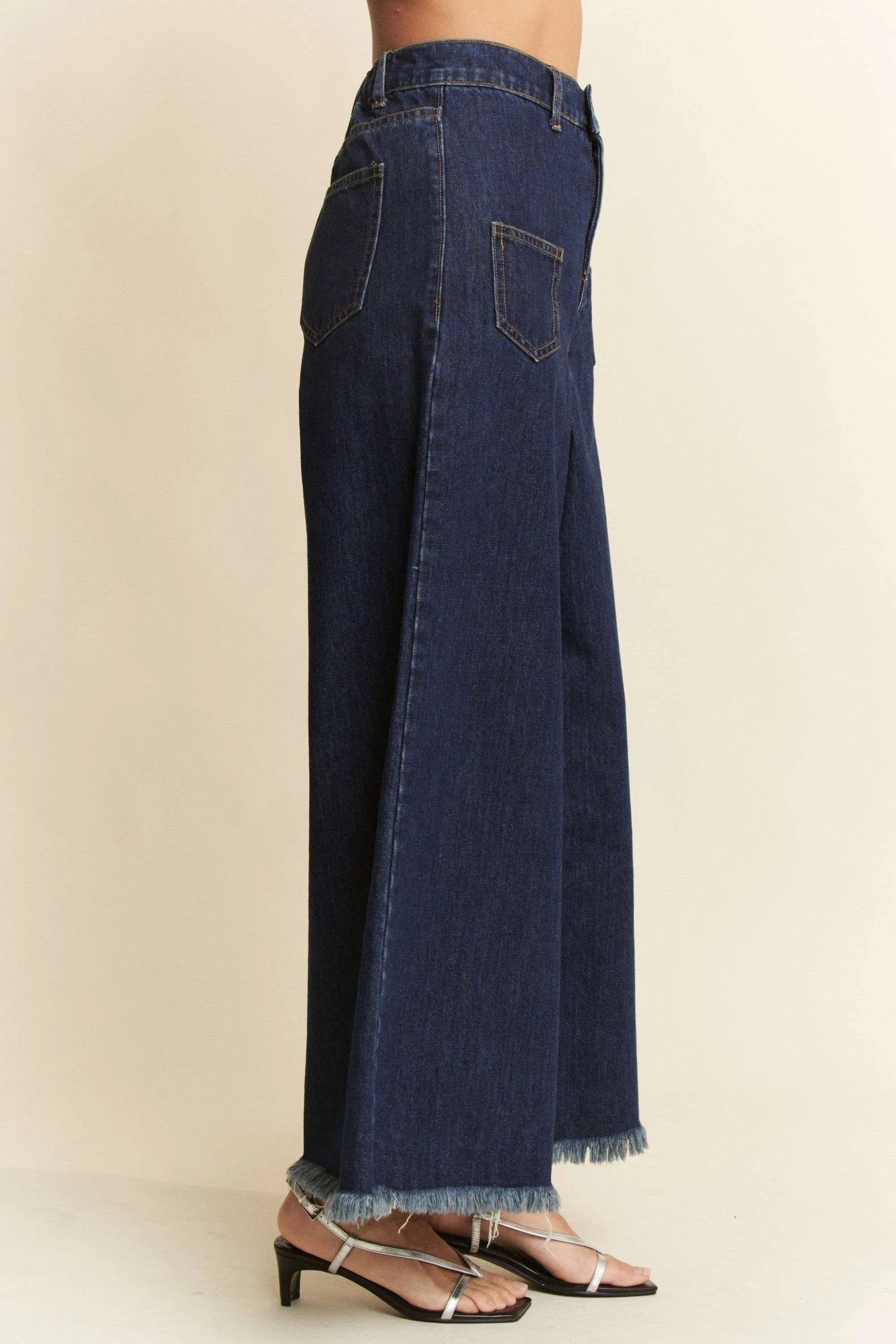 Davi & Dani - Dark Wash Wide Leg Jeans with Patch Pockets and Frayed Hem