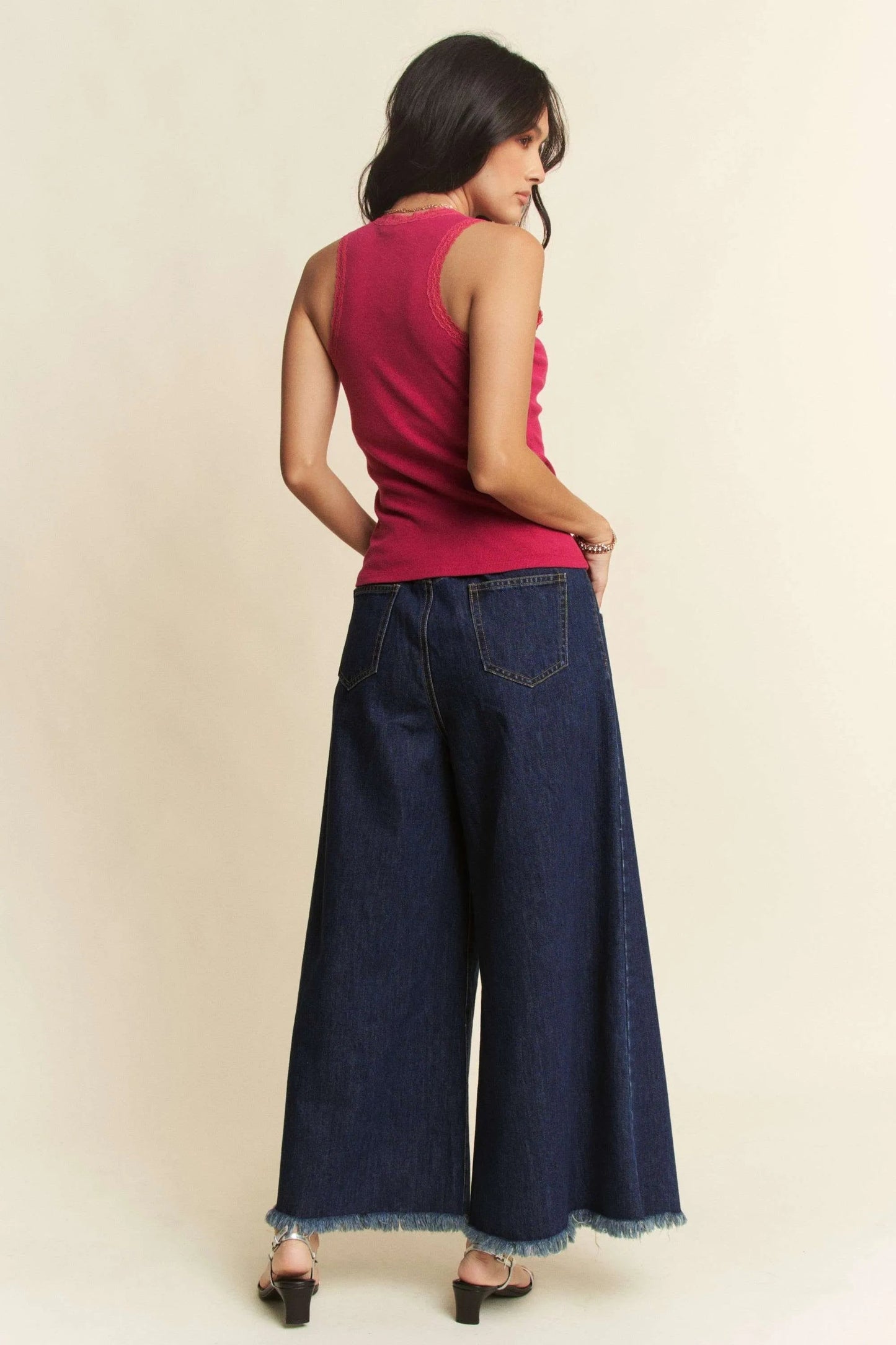 Davi & Dani - Dark Wash Wide Leg Jeans with Patch Pockets and Frayed Hem