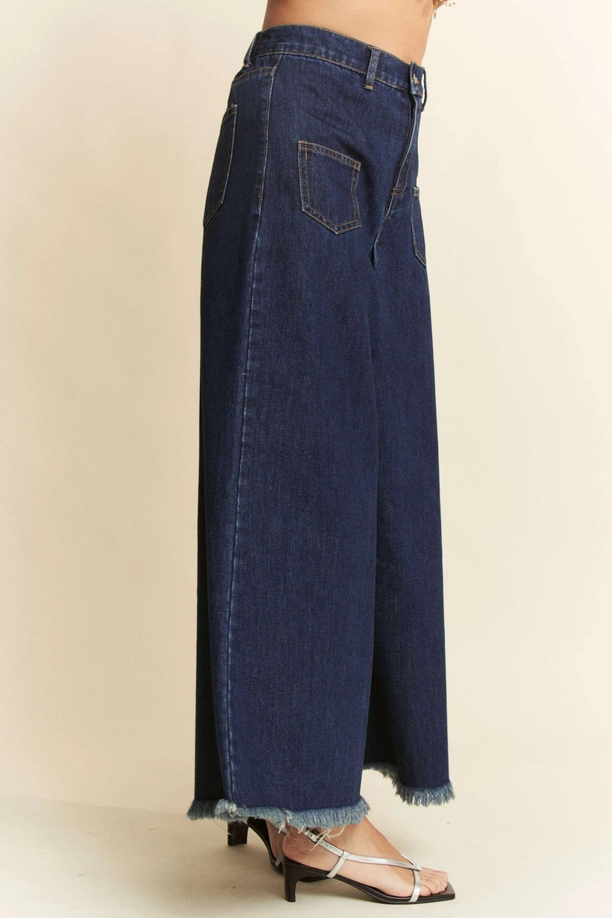 Davi & Dani - Dark Wash Wide Leg Jeans with Patch Pockets and Frayed Hem