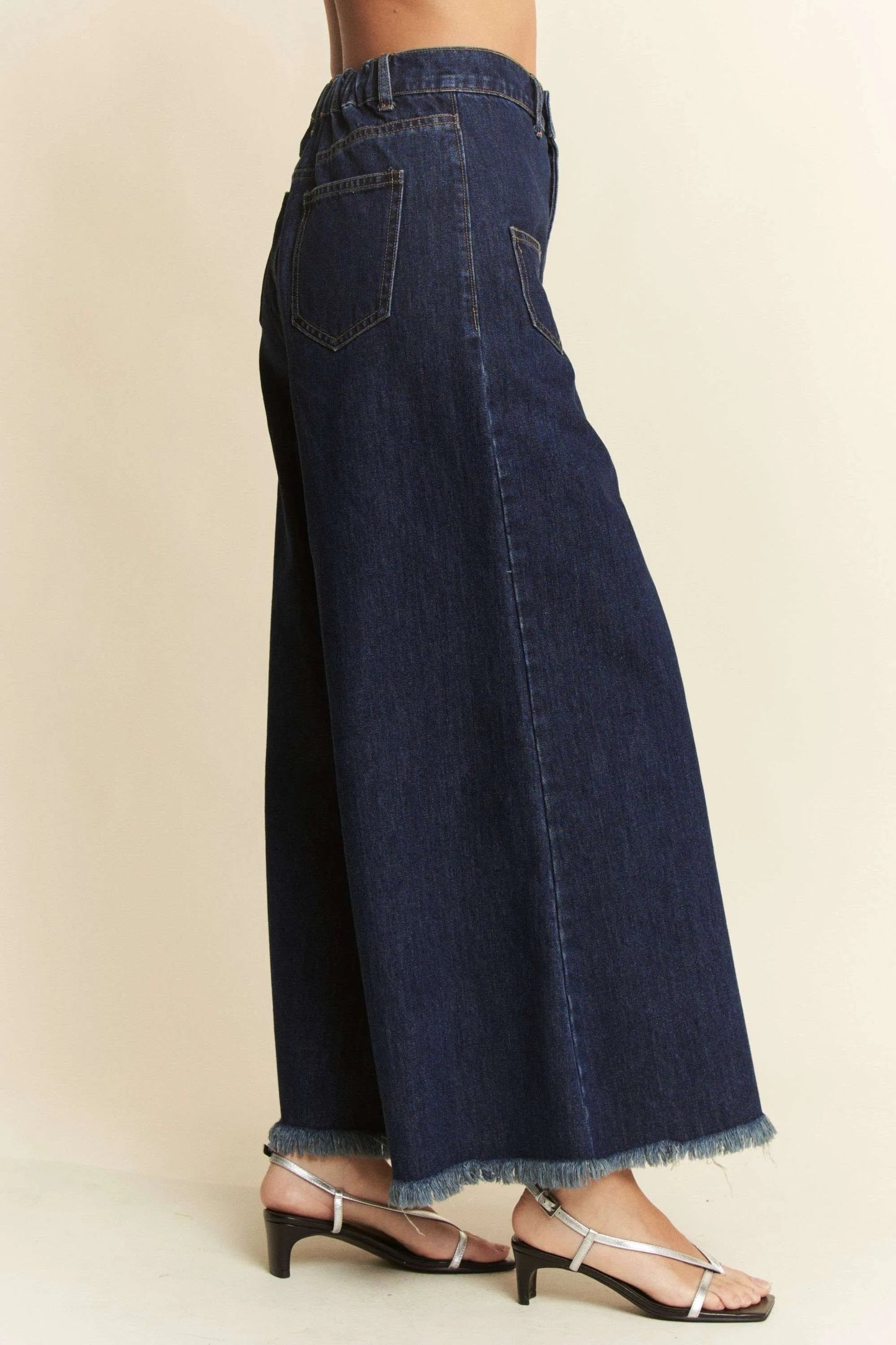Davi & Dani - Dark Wash Wide Leg Jeans with Patch Pockets and Frayed Hem