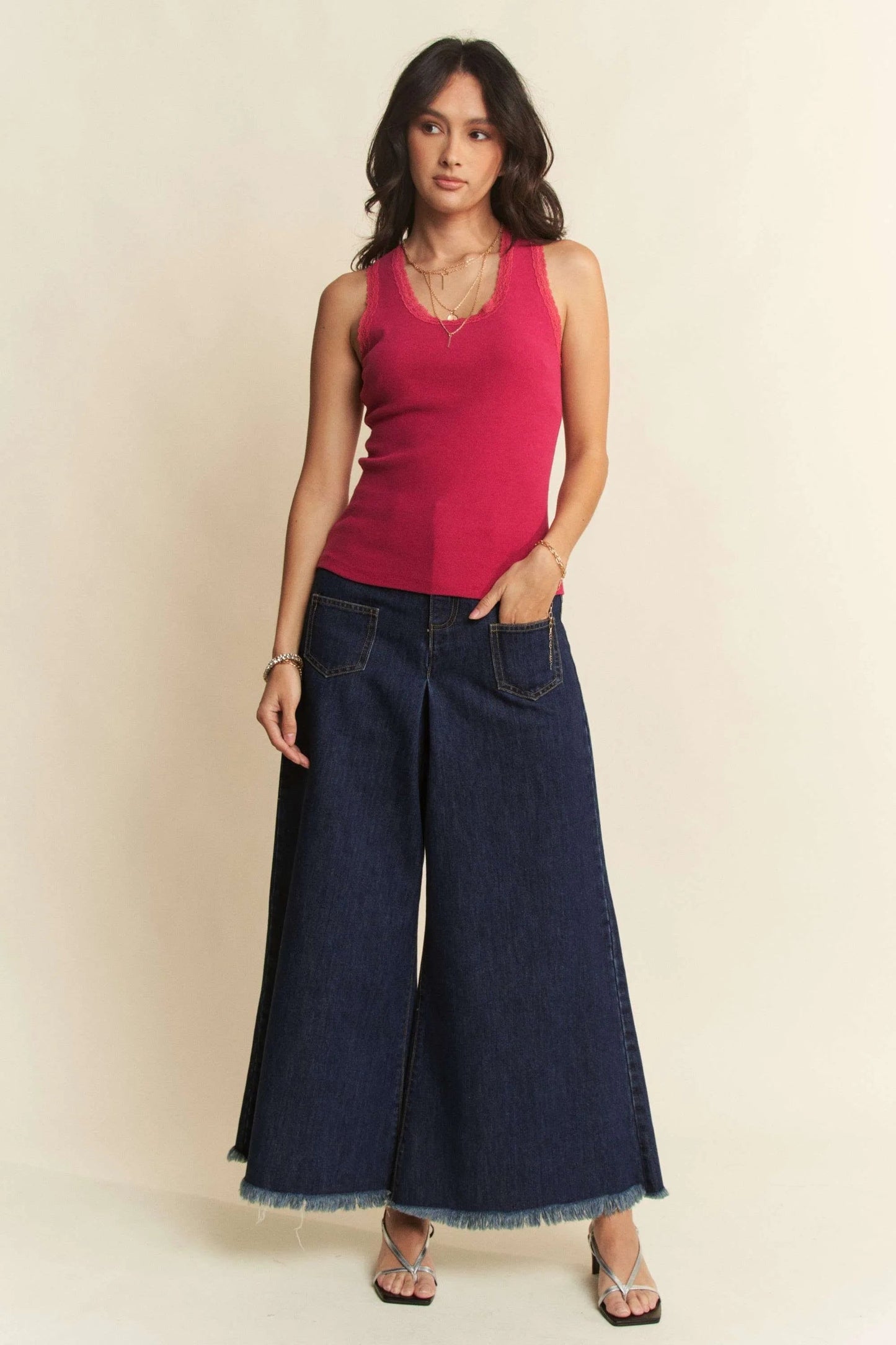 Davi & Dani - Dark Wash Wide Leg Jeans with Patch Pockets and Frayed Hem