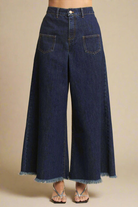 Davi & Dani - Dark Wash Wide Leg Jeans with Patch Pockets and Frayed Hem