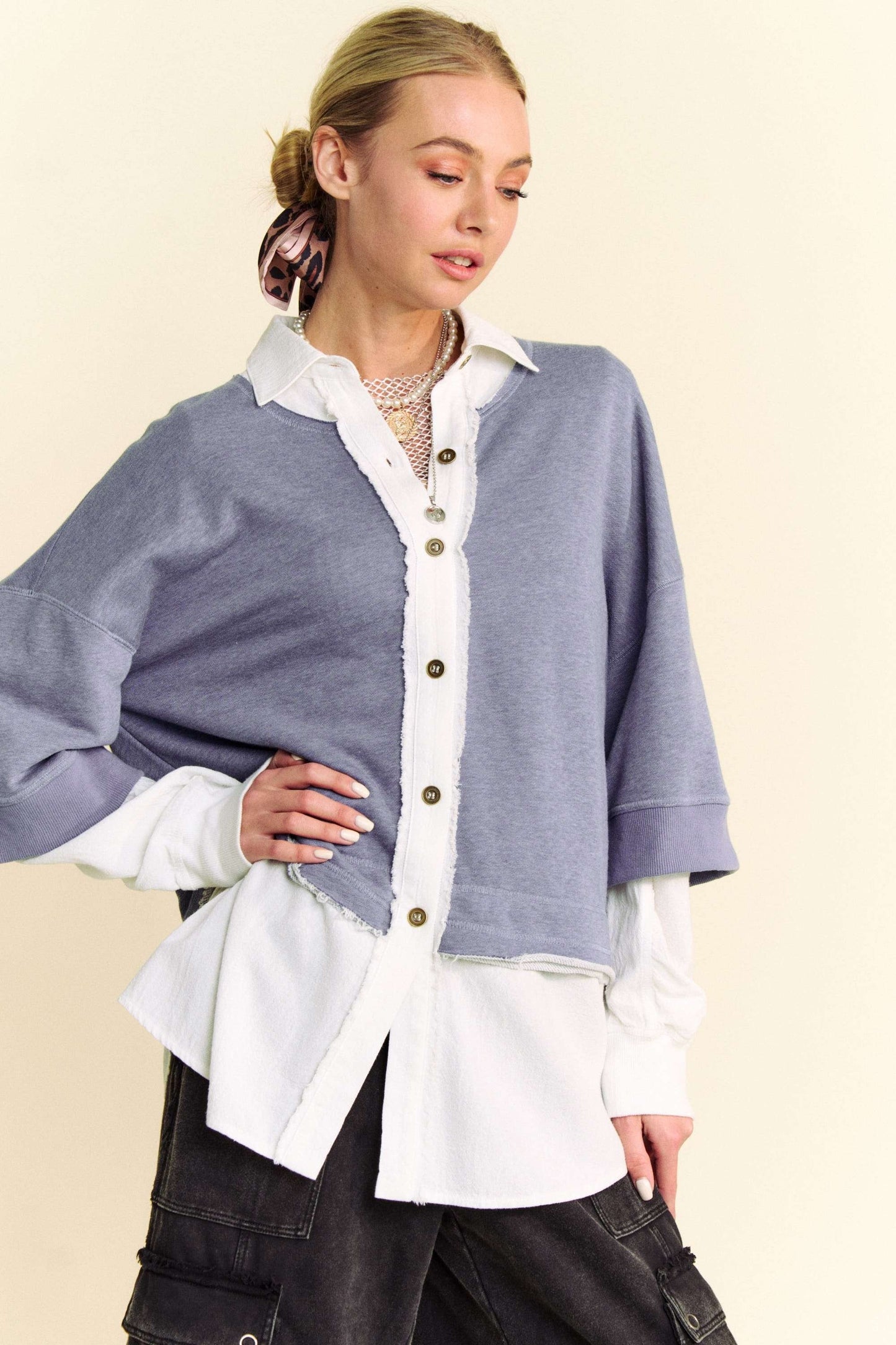 Davi & Dani - Denim Blue Layered Look French Terry Shirt