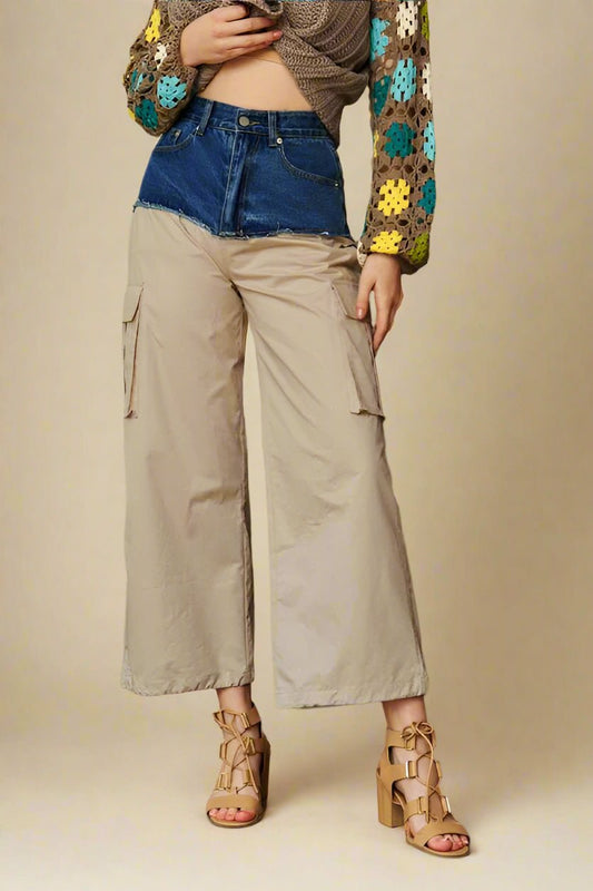 Davi & Dani - Denim Patchwork Wide Cargo Leg Pants in Khaki