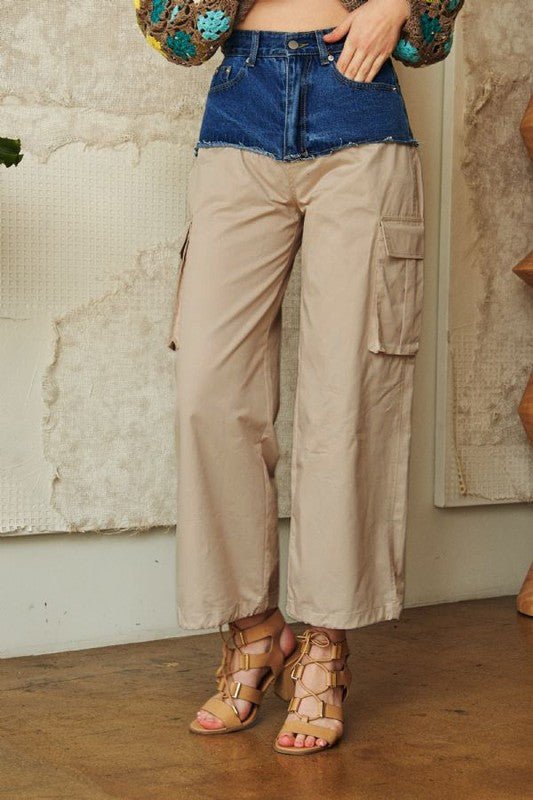 Davi & Dani - Denim Patchwork Wide Cargo Leg Pants in Khaki