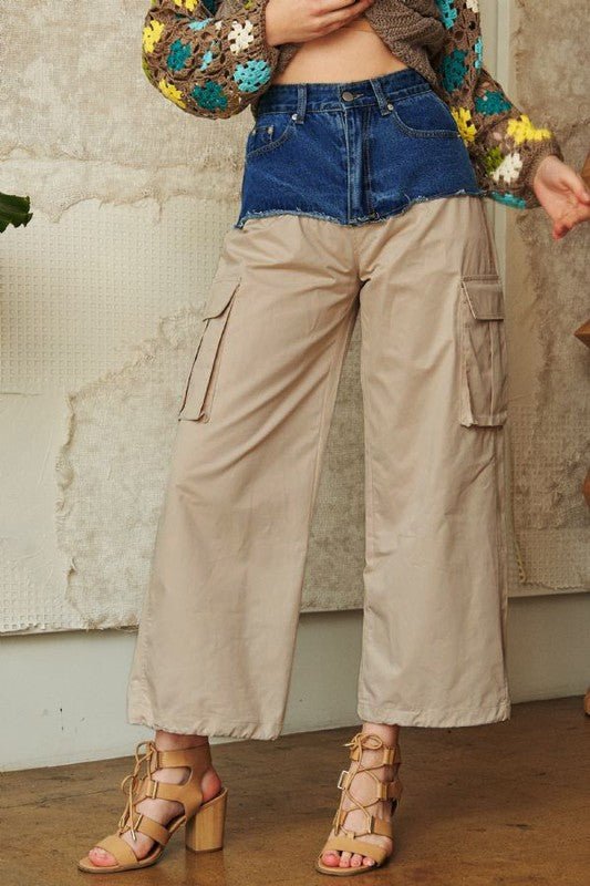 Davi & Dani - Denim Patchwork Wide Cargo Leg Pants in Khaki