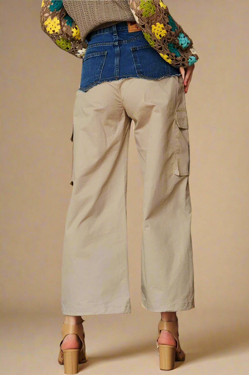 Davi & Dani - Denim Patchwork Wide Cargo Leg Pants in Khaki