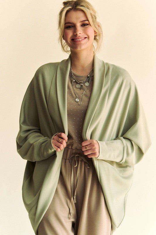 Davi & Dani - Dolman Sleeve Open Front Cardigan in Sage