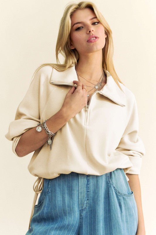 Davi & Dani - Drawstring Hem Half Zip Sweatshirt in Ivory