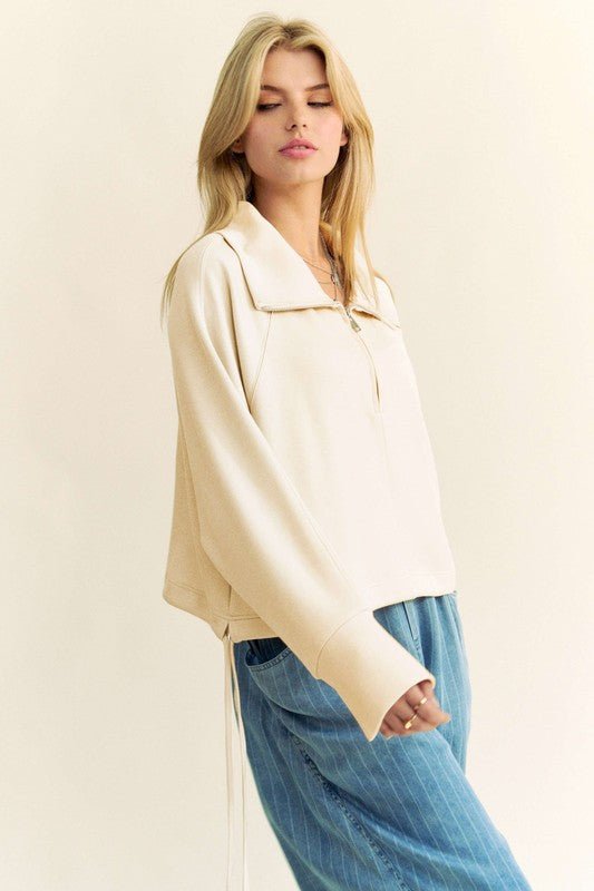 Davi & Dani - Drawstring Hem Half Zip Sweatshirt in Ivory