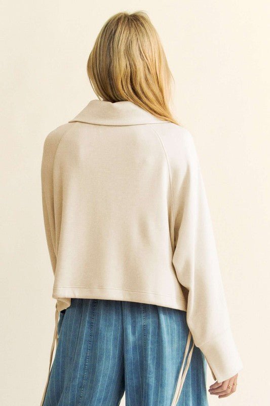 Davi & Dani - Drawstring Hem Half Zip Sweatshirt in Ivory