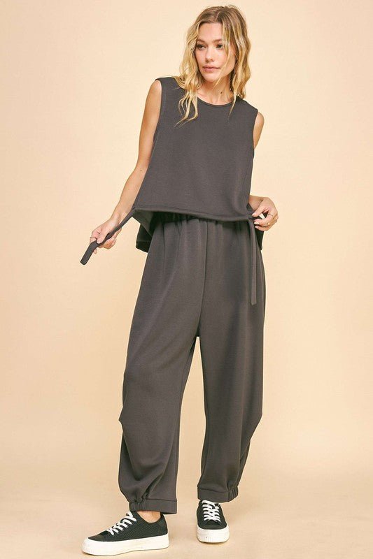 Davi & Dani - Drawstring Hem Tank and Pants Set in Charcoal