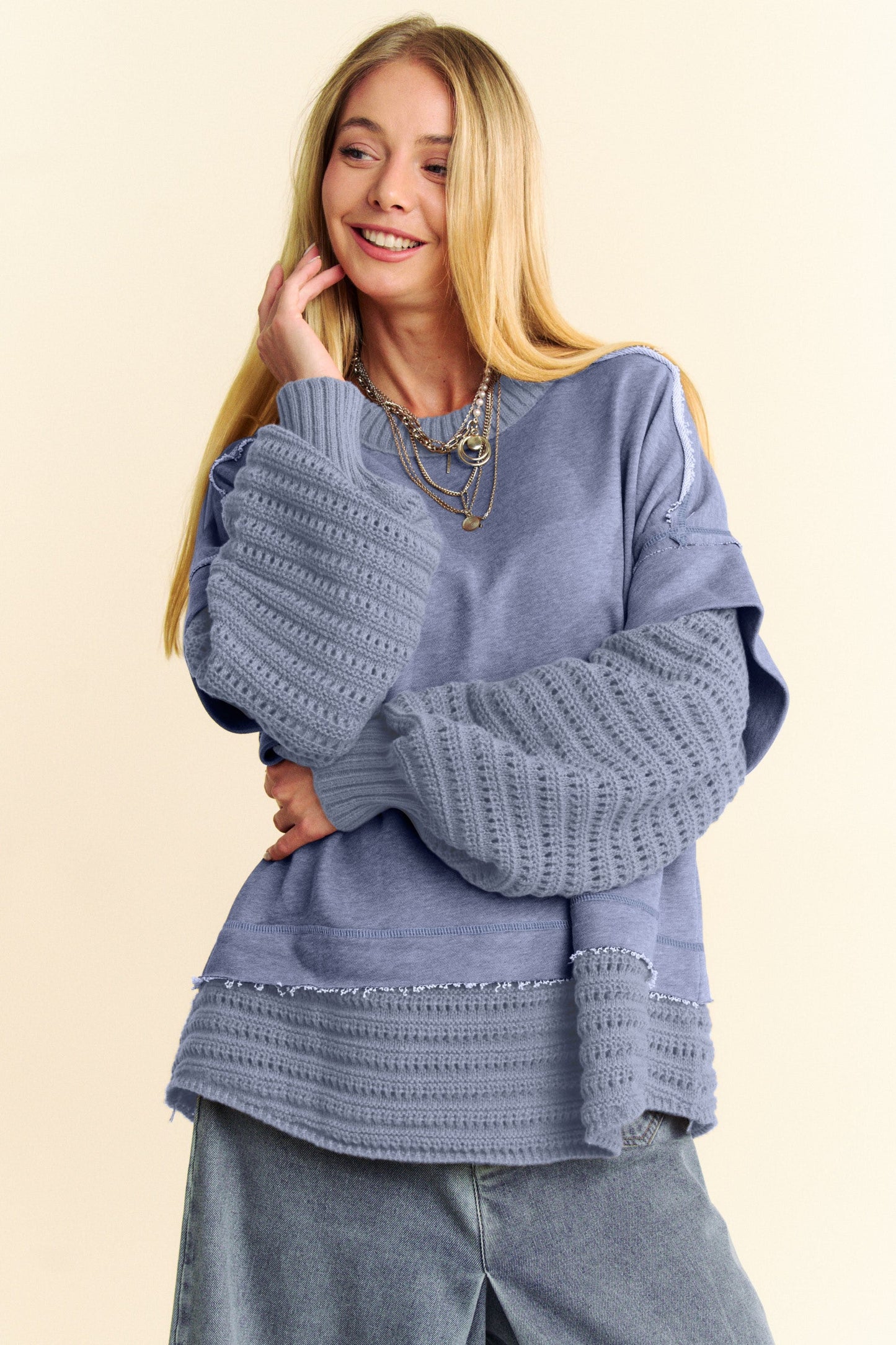 Davi & Dani - Dusty Blue Layered Look Sweater