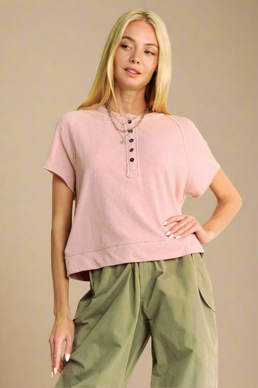 Davi & Dani - Dusty Rose Short Sleeve Henley Top