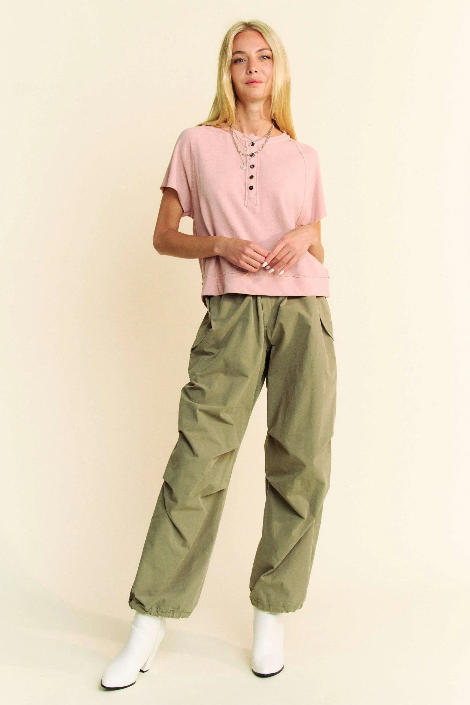 Davi & Dani - Dusty Rose Short Sleeve Henley Top