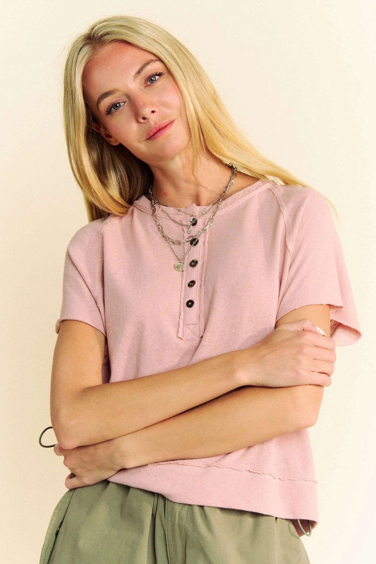 Davi & Dani - Dusty Rose Short Sleeve Henley Top