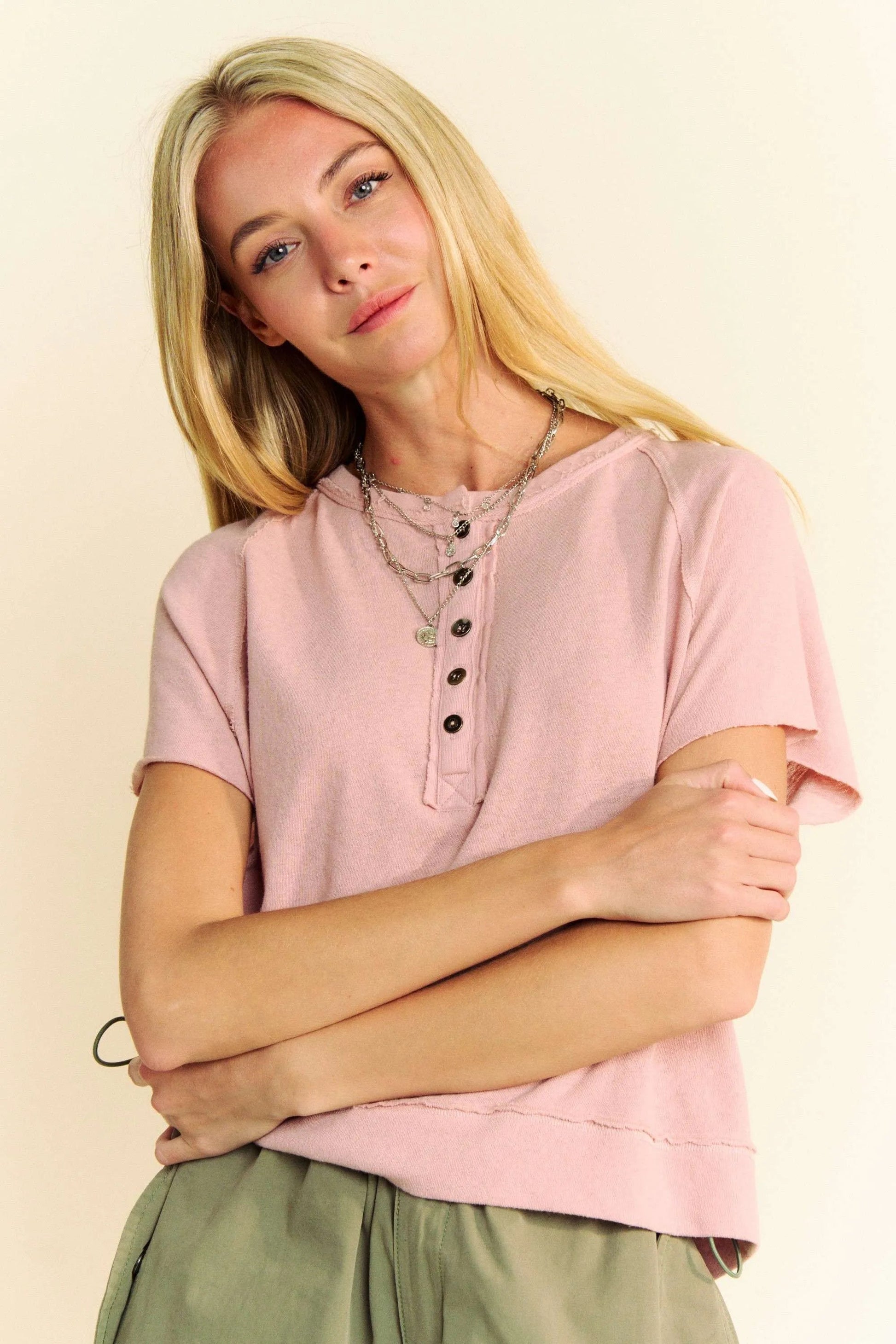 Davi & Dani - Dusty Rose Short Sleeve Henley Top